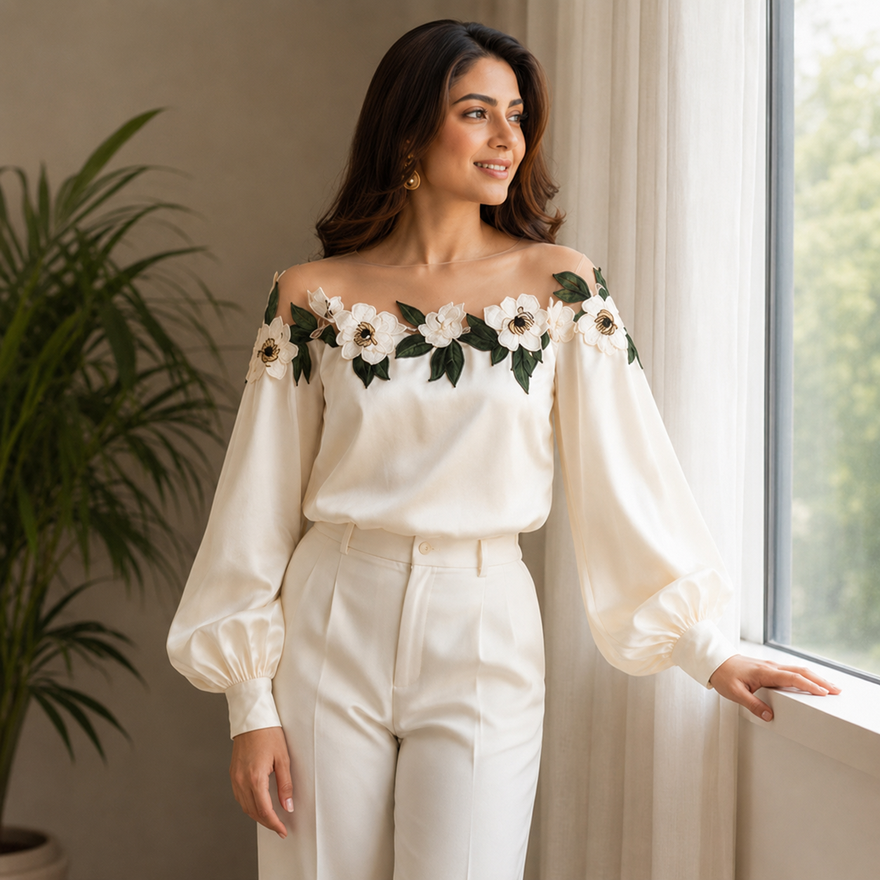 Front view of the Veiara Floral Silk Top showcasing ivory silk fabric, statement floral applique detailing across the neckline, and voluminous long sleeves.