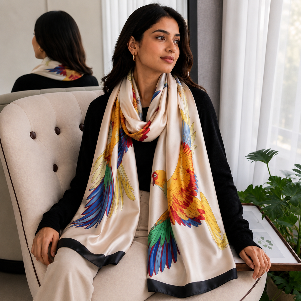 Woman wearing a colorful parrot scarf sitting on a chair.
