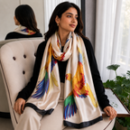 Woman wearing a colorful parrot scarf sitting on a chair.
