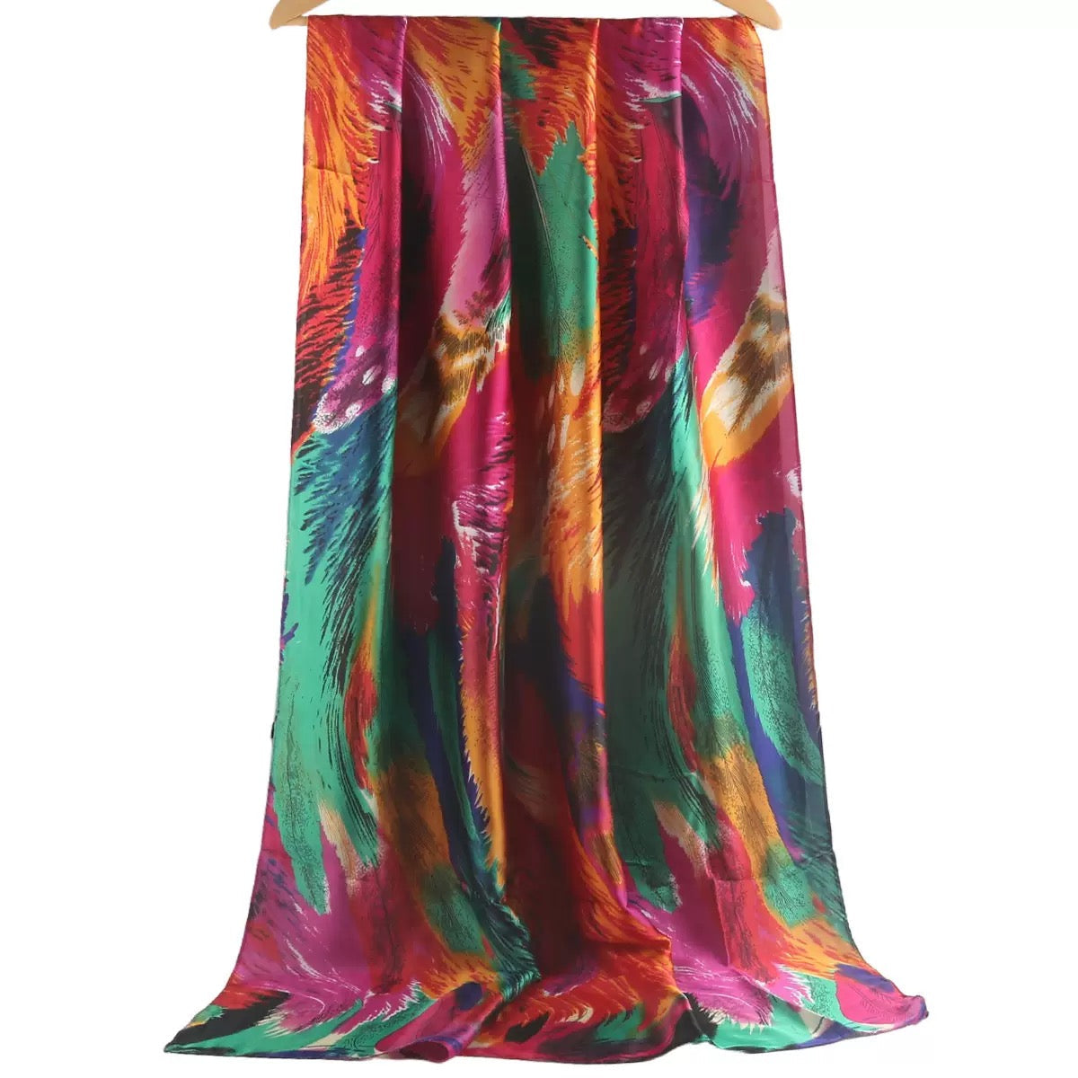 Full length flat lay of abstract feather print imitation silk stole - 180x90 cm rainbow scarf