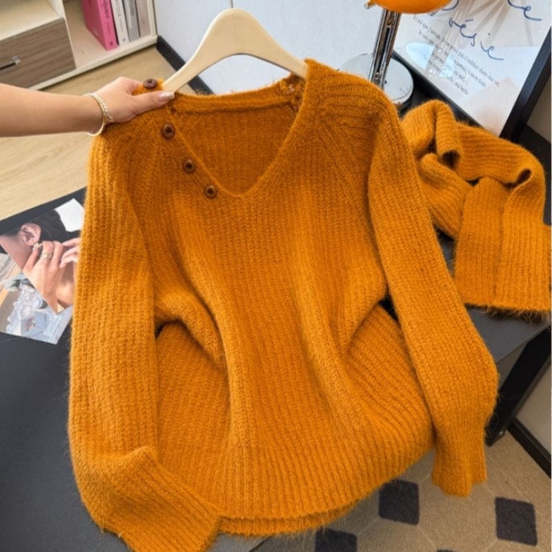 Amber Spice women's textured knit sweater with coordinating scarf detail and decorative buttons