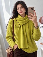 Women's Lime Glow textured knit sweater with coordinating button-detail scarf neckline by WESTERY