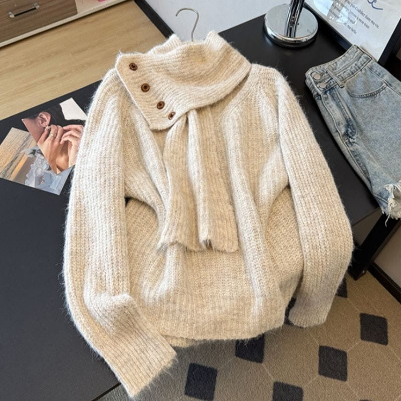 Vanilla Cream women's knit sweater with matching scarf-style neckline and button detailing