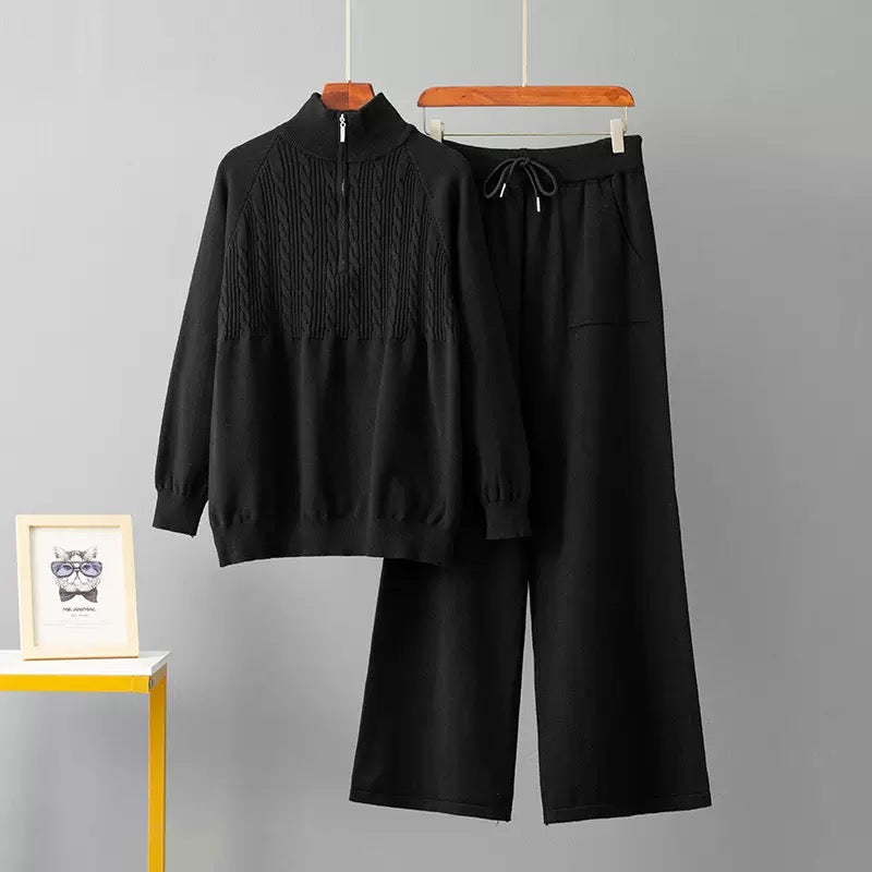Westery Alpine Half-Zip Knit Co-ord Set in classic black with cable-knit front detailing and matching wide-leg trousers.