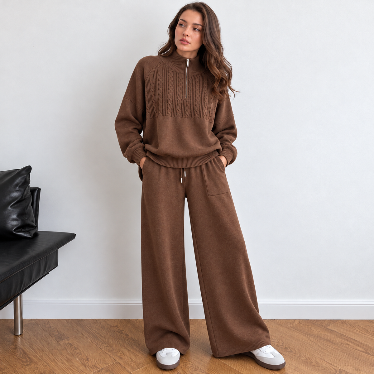 Westery Alpine Half-Zip Knit Co-ord Set in brown featuring a textured cable-knit top and matching wide-leg trousers.