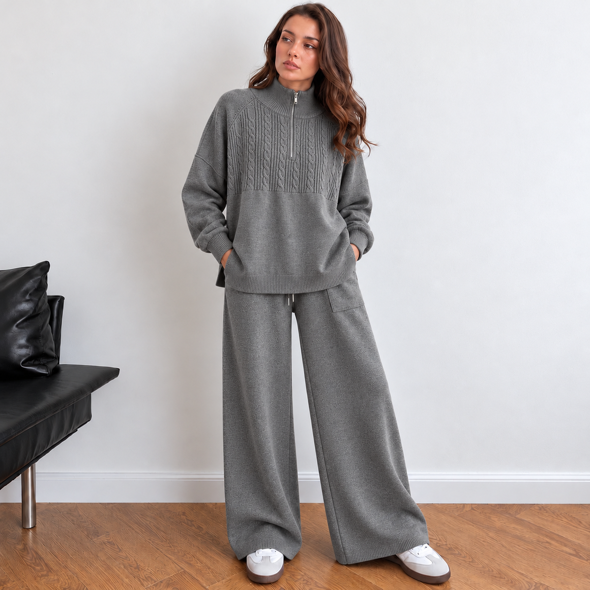 Women’s grey Alpine Half-Zip Knit Co-ord Set styled on a model, showcasing the textured front panel and relaxed wide-leg trousers.