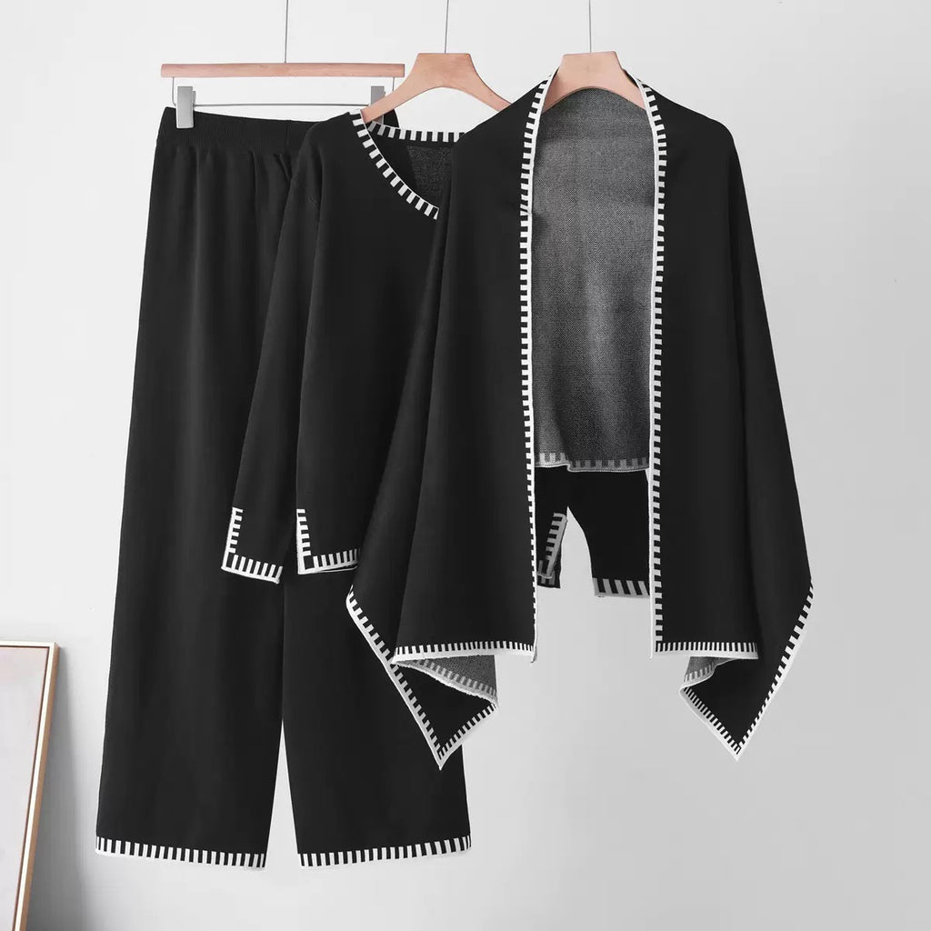 The Atelier Edge Classic Black knit co ord set with top pants and shawl