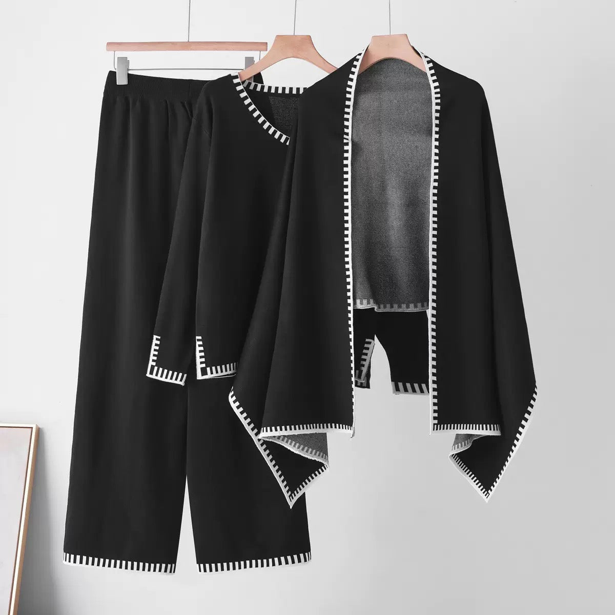 The Atelier Edge Classic Black knit co ord set with top pants and shawl