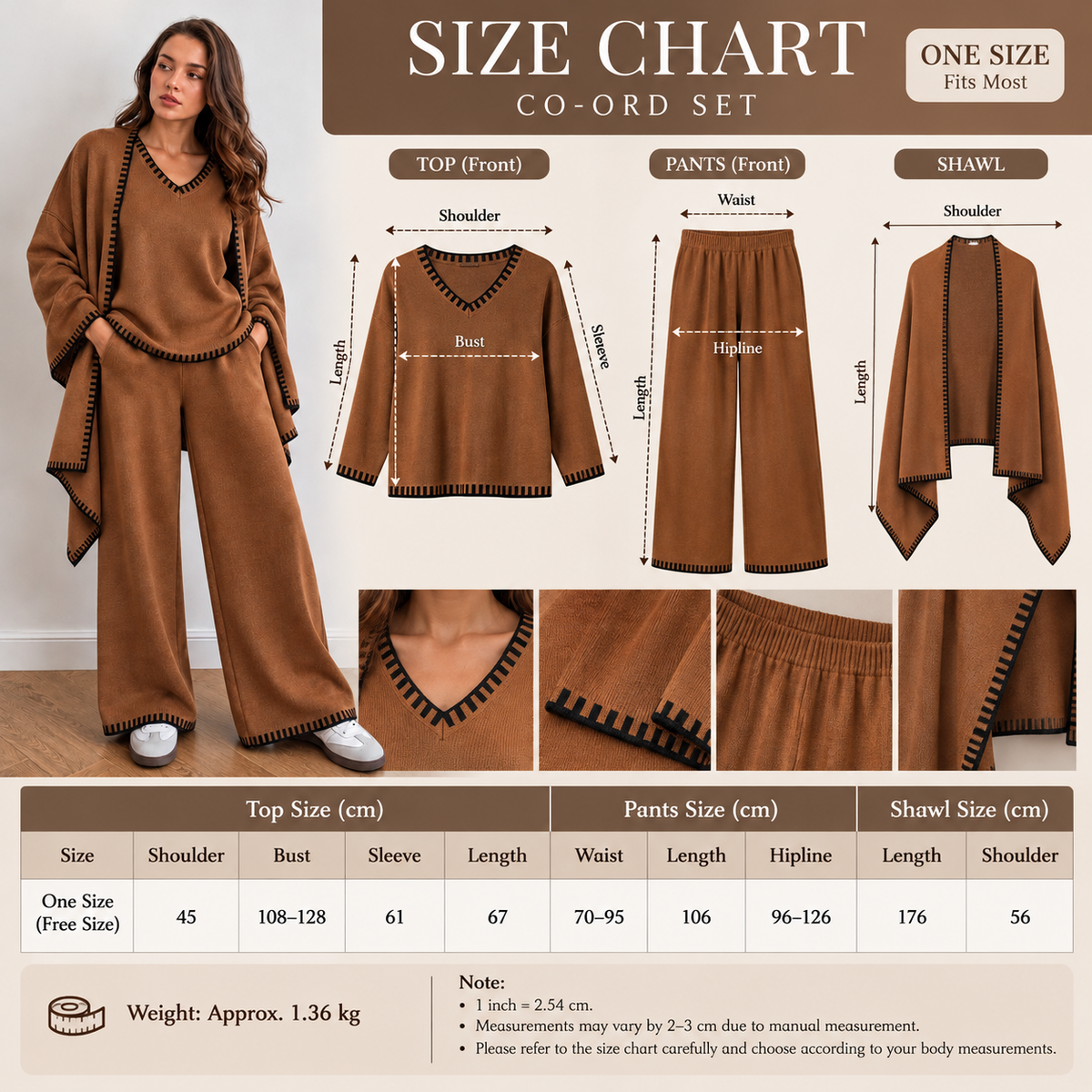 The Atelier Edge free size knit co ord set measurement size chart
