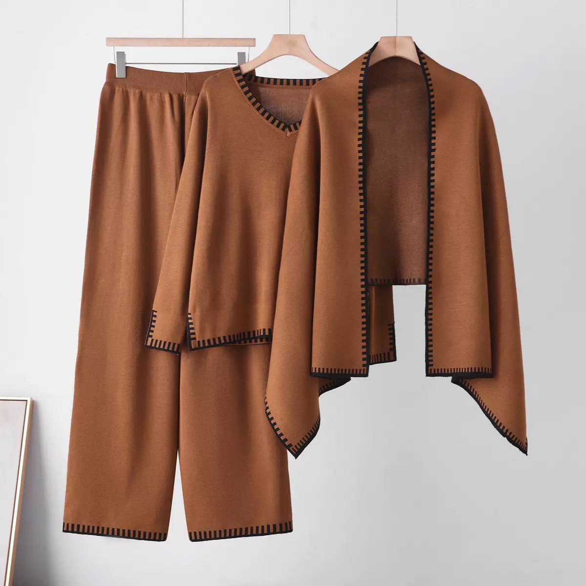 The Atelier Edge Mocha Brown knit co ord set with top pants and shawl