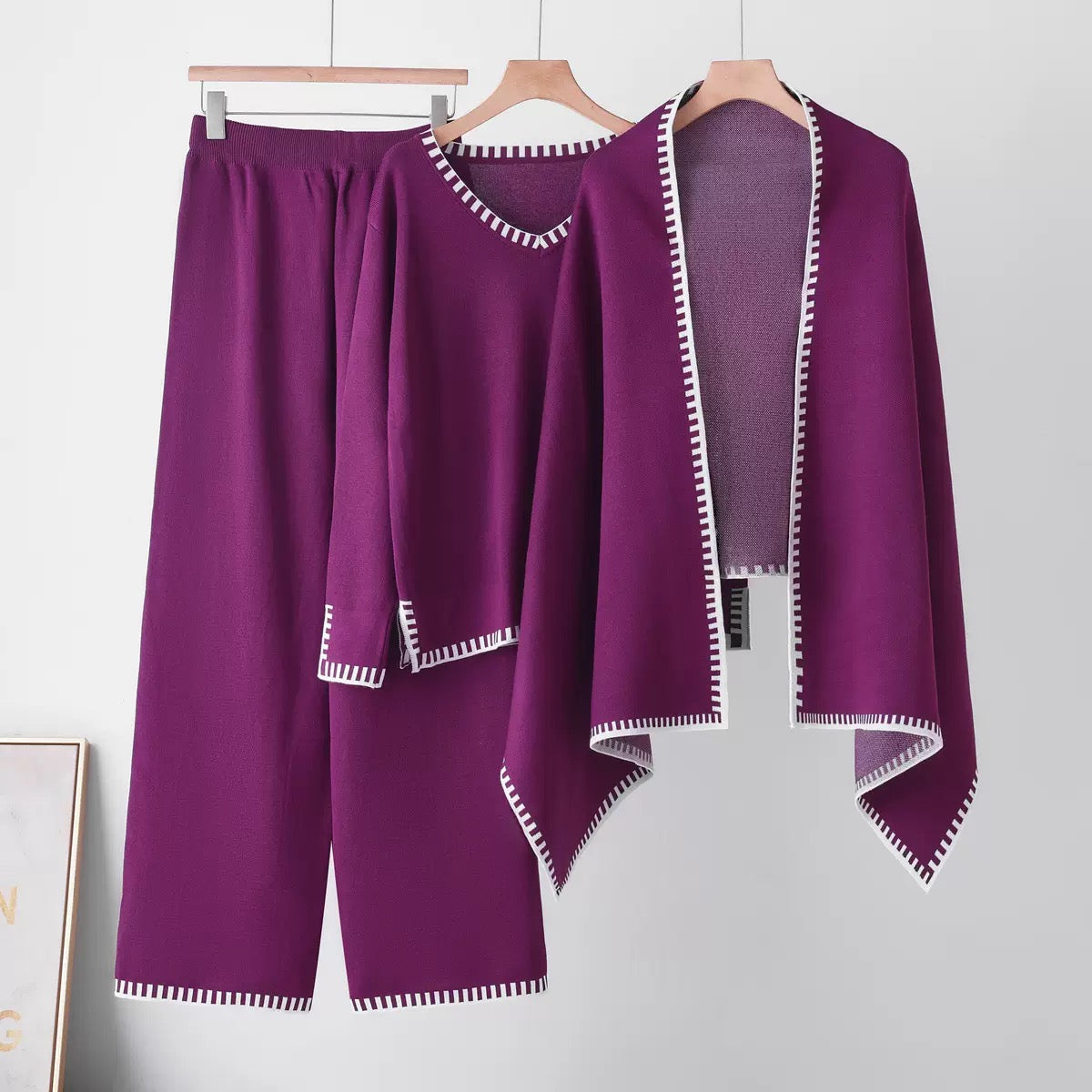 The Atelier Edge Royal Plum knit co ord set with top pants and shawl