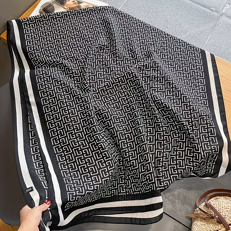 Athens Classic Greek Key Viscose Cotton Stole shown in alternate view displaying classic black and white Greek key meander border design on viscose cotton fabric
