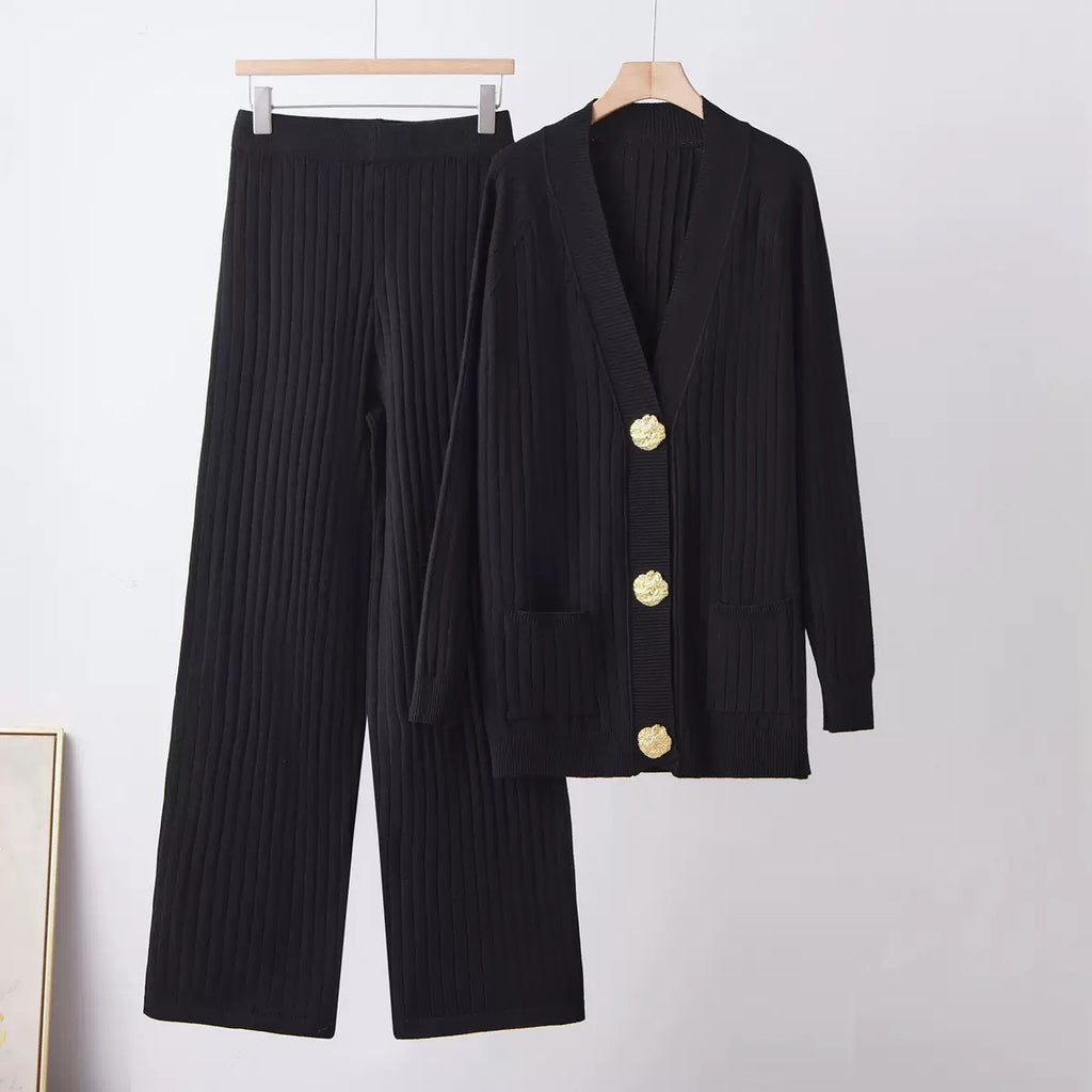 Aurelia black ribbed knit cardigan and wide-leg pants co-ord set