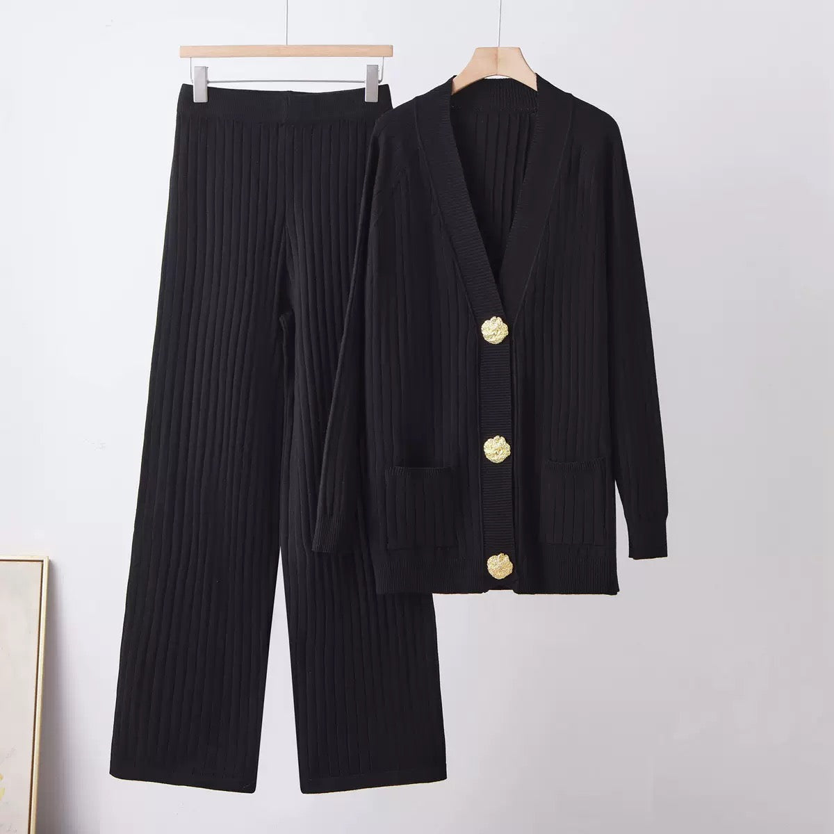 Aurelia black ribbed knit cardigan and wide-leg pants co-ord set