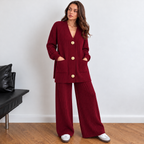 Westery Aurelia burgundy ribbed knit co-ord set with longline cardigan and wide-leg pants
