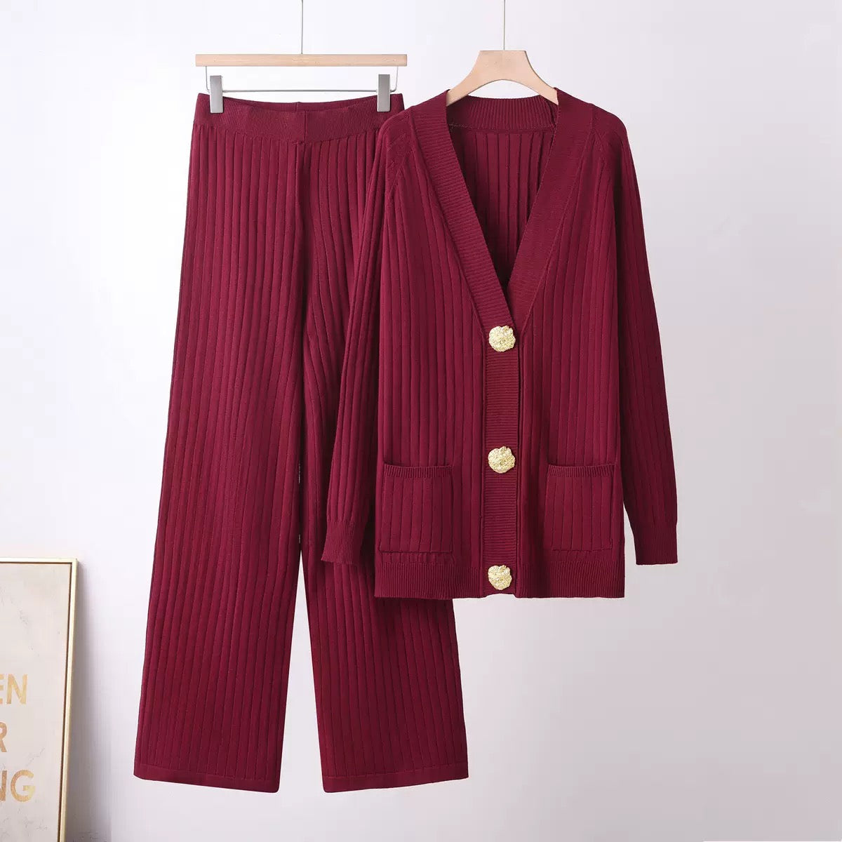 Aurelia burgundy ribbed knit cardigan and wide-leg pants co-ord set