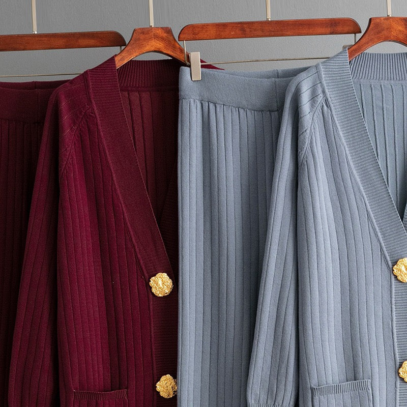 Aurelia ribbed knit co-ord set available in multiple colours with gold-tone buttons