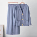 Aurelia powder blue ribbed knit cardigan and wide-leg pants co-ord set