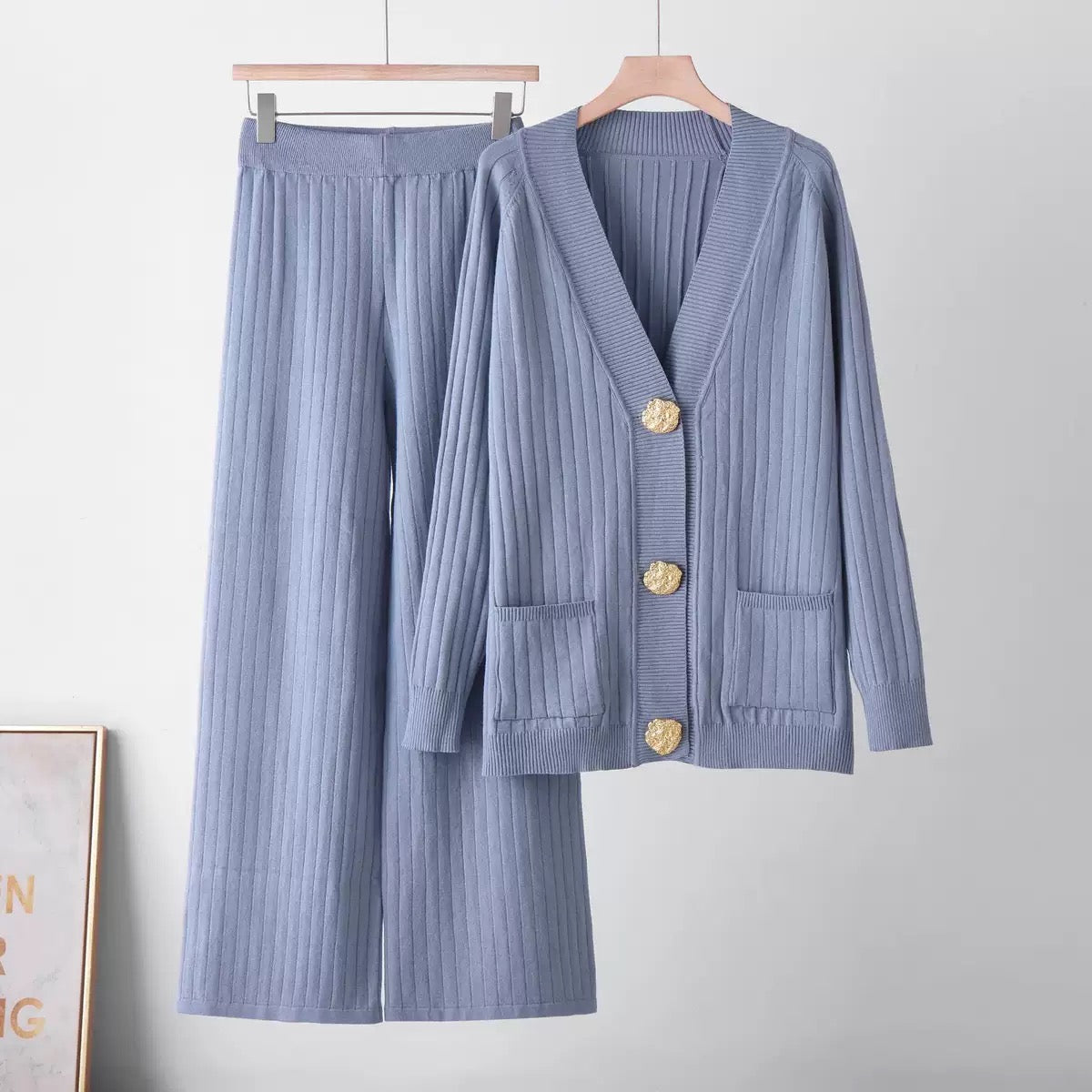 Aurelia powder blue ribbed knit cardigan and wide-leg pants co-ord set