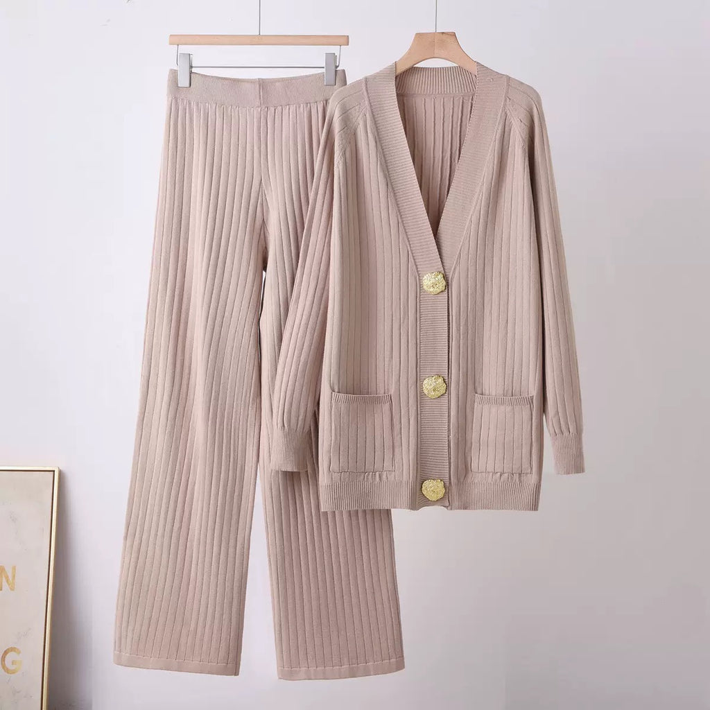 Aurelia taupe ribbed knit cardigan and wide-leg pants co-ord set