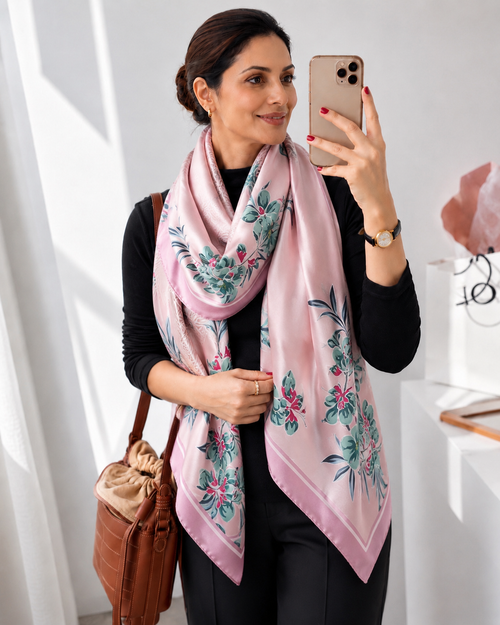 Woman wearing Aveline Blush Bloom Scarf draped around neck