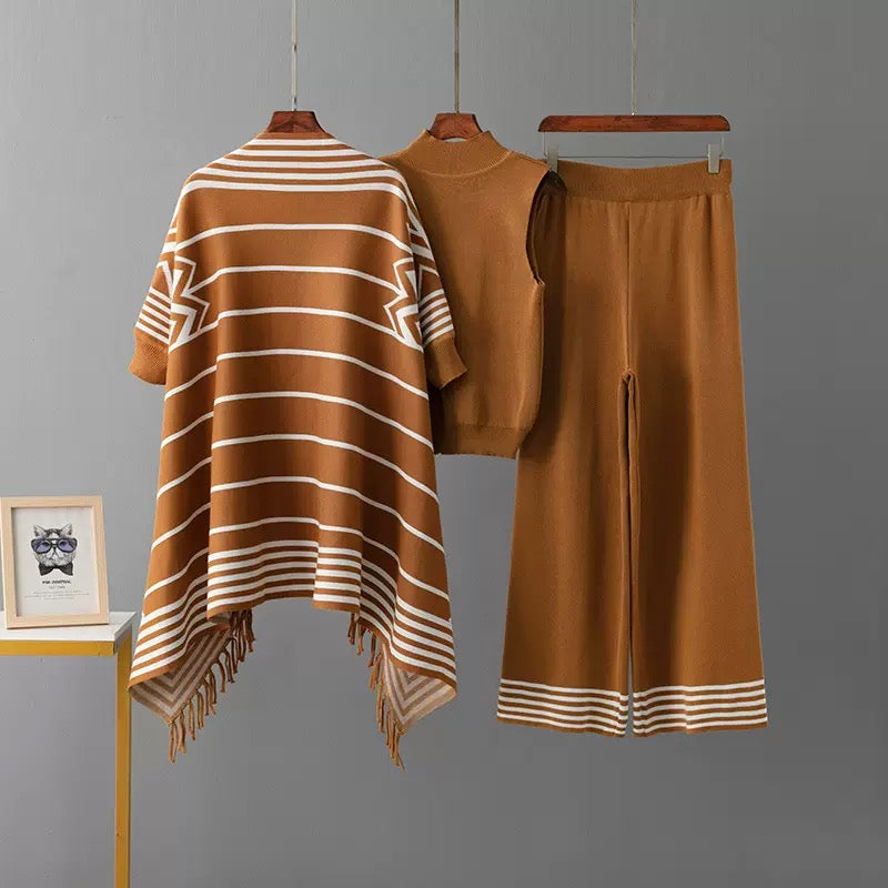 Camel 3-piece knit co-ord set flat lay showing chevron border detail
