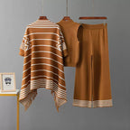 Camel 3-piece knit co-ord set flat lay showing chevron border detail
