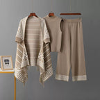 Taupe 3-piece knit co-ord set laid flat showing cardigan, top, and pants