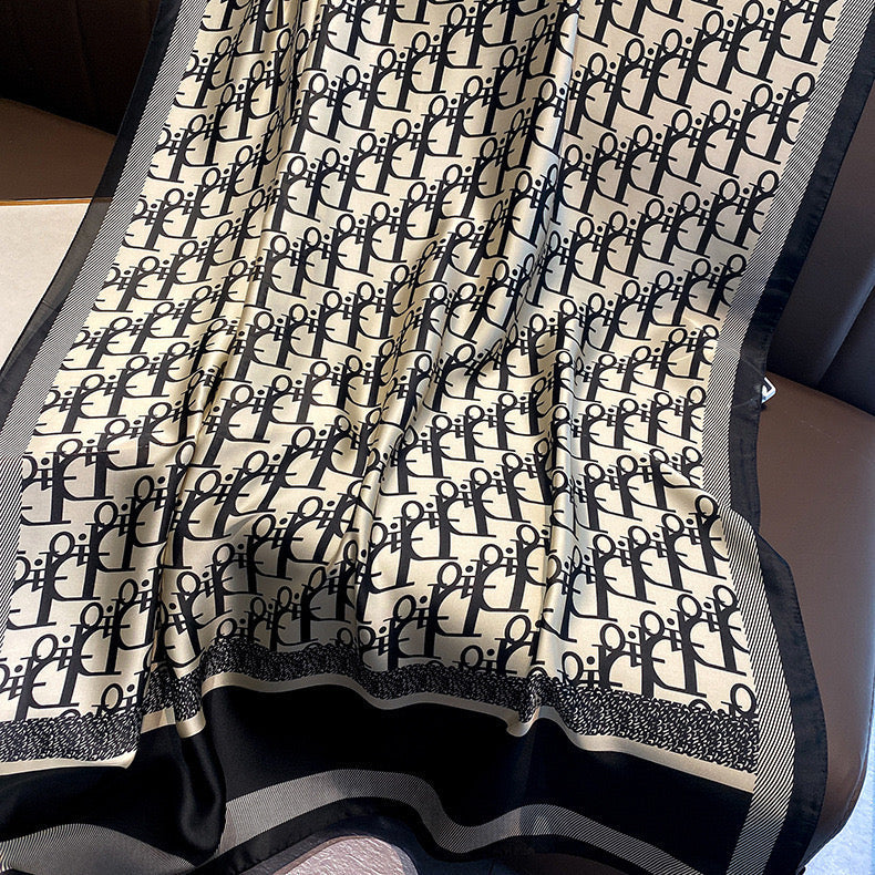 Full length flat lay of designer logo print silk stole - 180x90 cm rectangular scarf