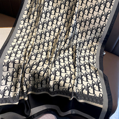 Full length flat lay of designer logo print silk stole - 180x90 cm rectangular scarf