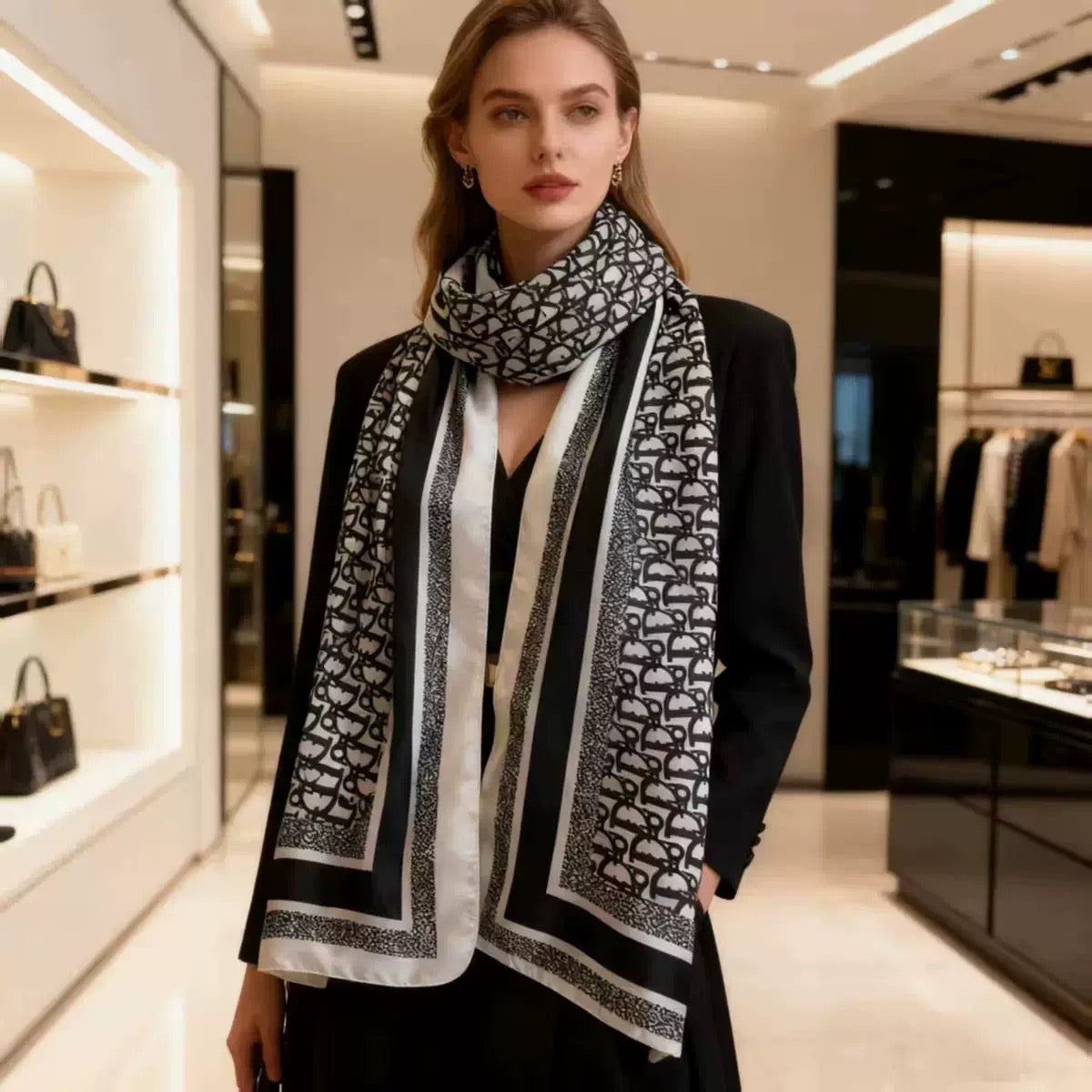 Woman wearing black designer logo print stole with blazer - professional luxury styling