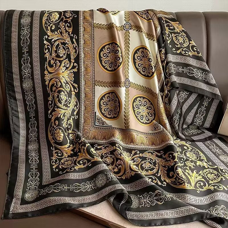 Full length view of black gold baroque scarf - 180x90 cm designer imitation silk stole