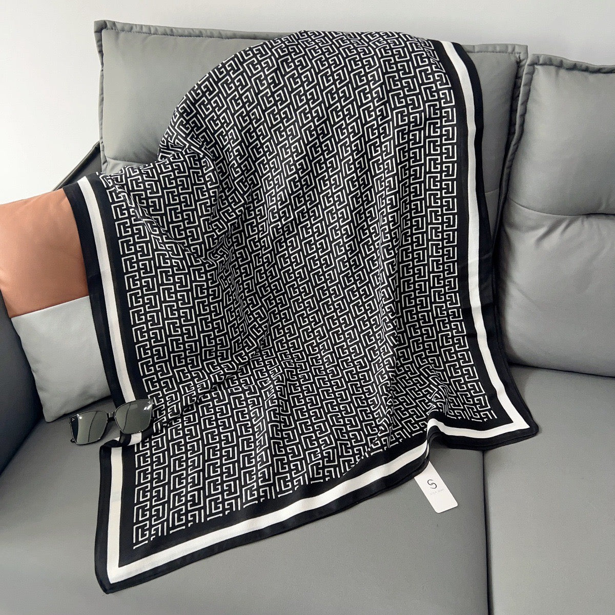 Full length view of black white Greek key stole with striped border - 180x90 cm designer scarf