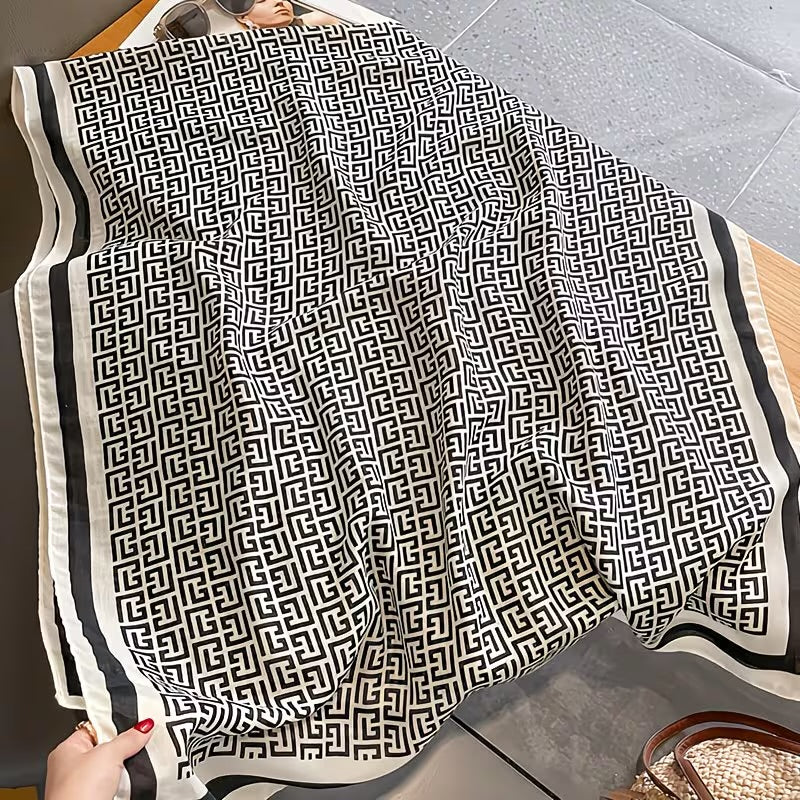 Black White Geometric Greek Key Viscose Cotton Stole shown in alternate drape styling with Greek key meander border in full view
