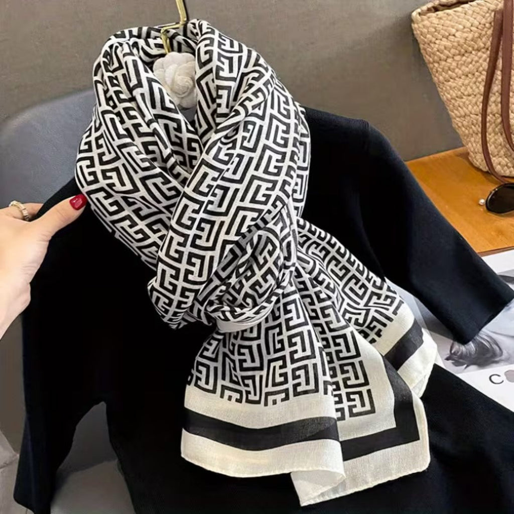 Woman wearing black white geometric Greek key viscose cotton stole - designer scarf for women