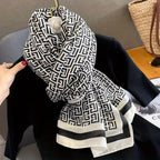 Woman wearing black white geometric Greek key viscose cotton stole - designer scarf for women