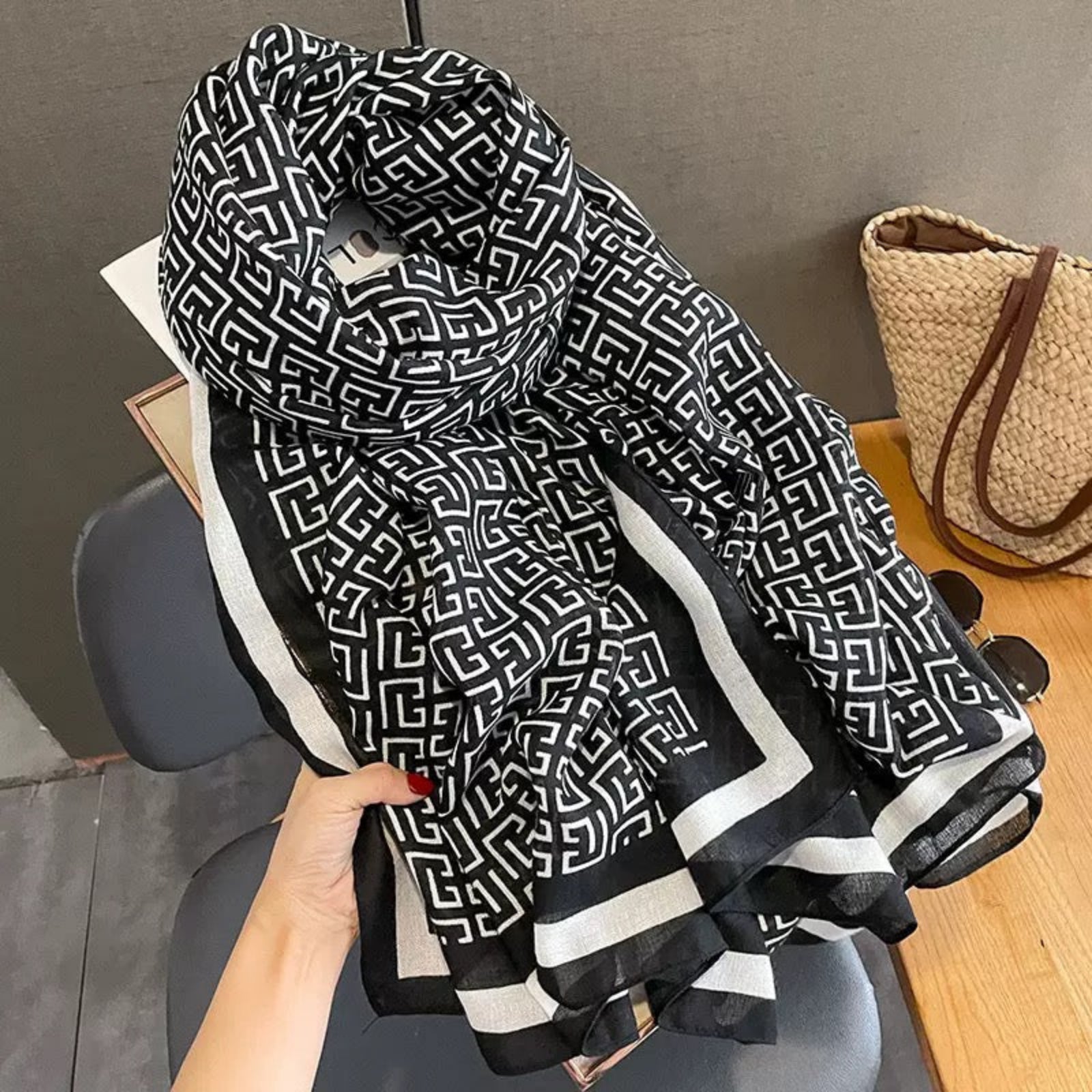 Black and white geometric Greek key viscose cotton stole draped - designer border scarf for women