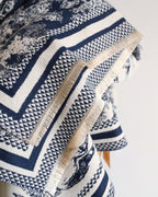 Close-up of The Bleu Jardin Cashmere Wrap showing soft faux cashmere fabric texture with detailed blue garden botanical floral motif print
