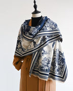 The Bleu Jardin Cashmere Wrap showing romantic blue garden botanical floral print on soft faux cashmere fabric in 185x65cm wrap format
