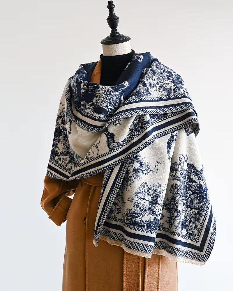 The Bleu Jardin Cashmere Wrap showing romantic blue garden botanical floral print on soft faux cashmere fabric in 185x65cm wrap format
