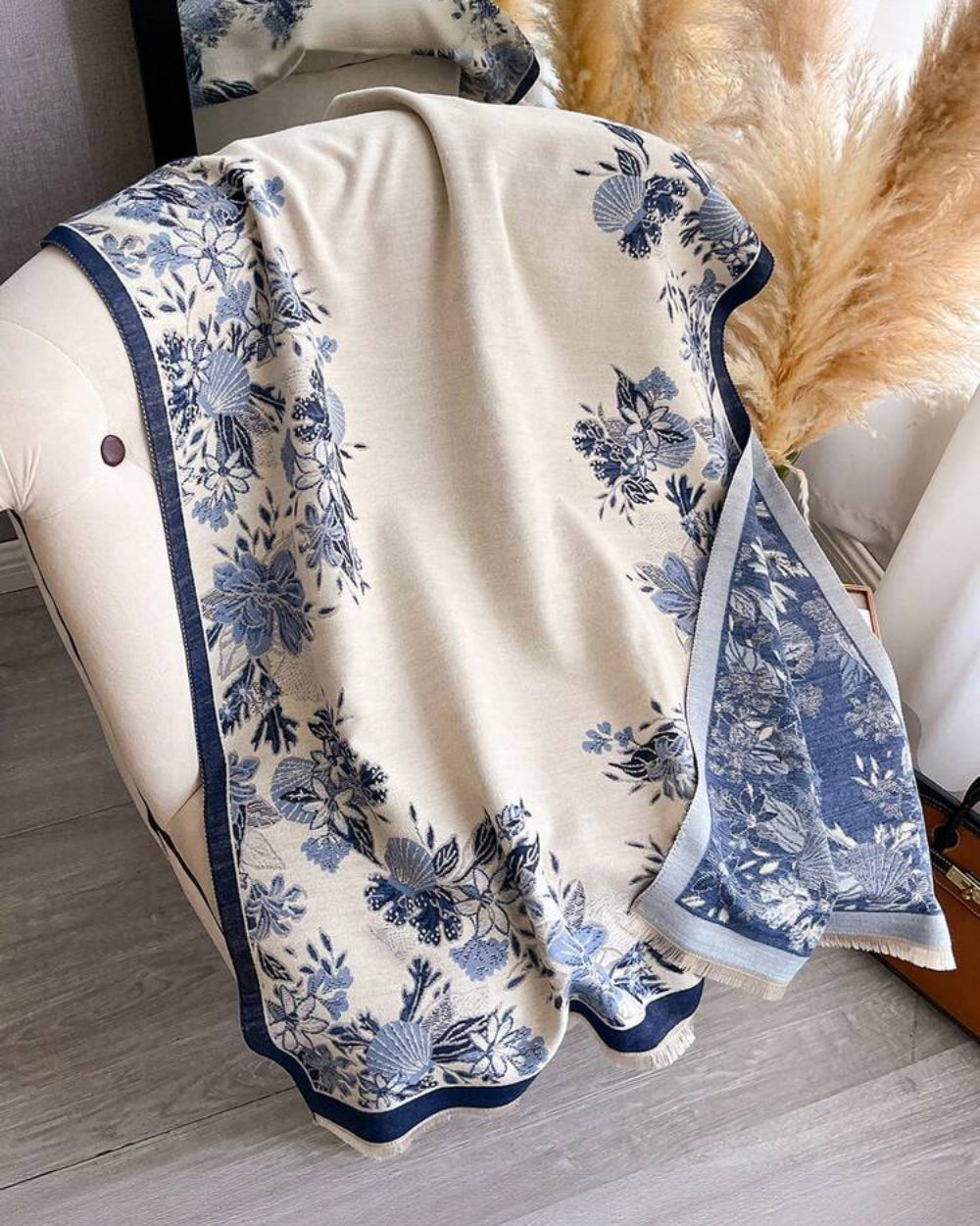 The Blue Willow Reversible Wrap showing contrasting reversible side with Blue Willow heritage print in deeper tonal expression
