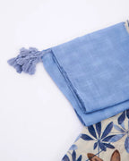 The Bluebell Meadow Linen Stole in alternate styled look showing soft bluebell botanical print on natural breathable linen fabric
