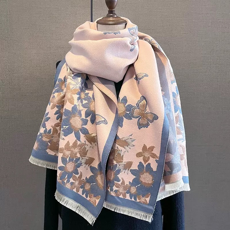 Blush Butterfly & Floral Reversible Cashmere-Feel Wrap showing dove grey reversible side with butterfly and floral jacquard pattern
