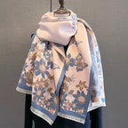 Blush Butterfly & Floral Reversible Cashmere-Feel Wrap showing dove grey reversible side with butterfly and floral jacquard pattern
