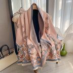 Blush Butterfly & Floral Reversible Cashmere-Feel Wrap showing soft blush pink side with delicate butterfly and floral jacquard motif
