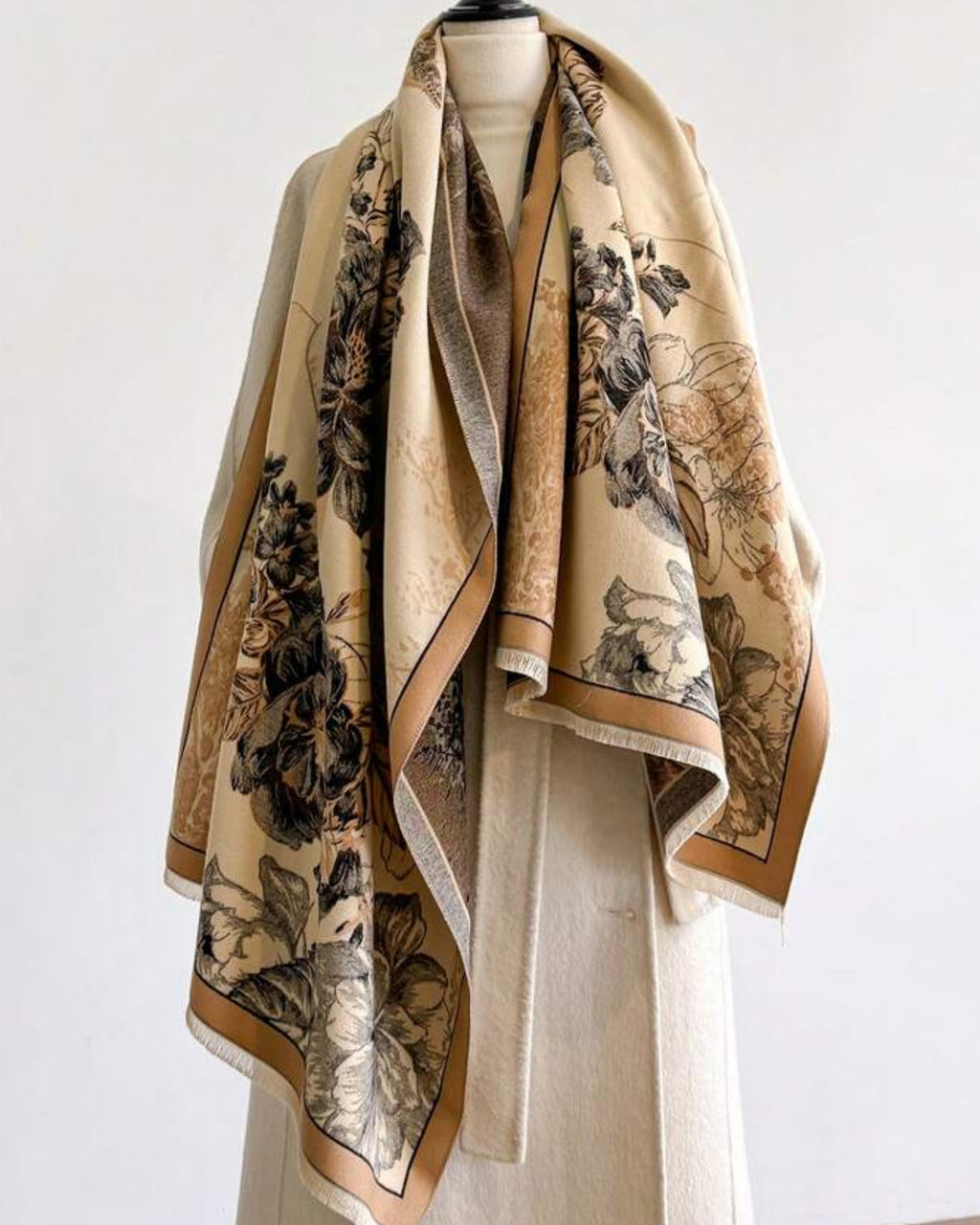 Botanical Bloom Cashmere-Feel Wrap draped and styled showing full vintage botanical floral print on warm neutral beige faux cashmere
