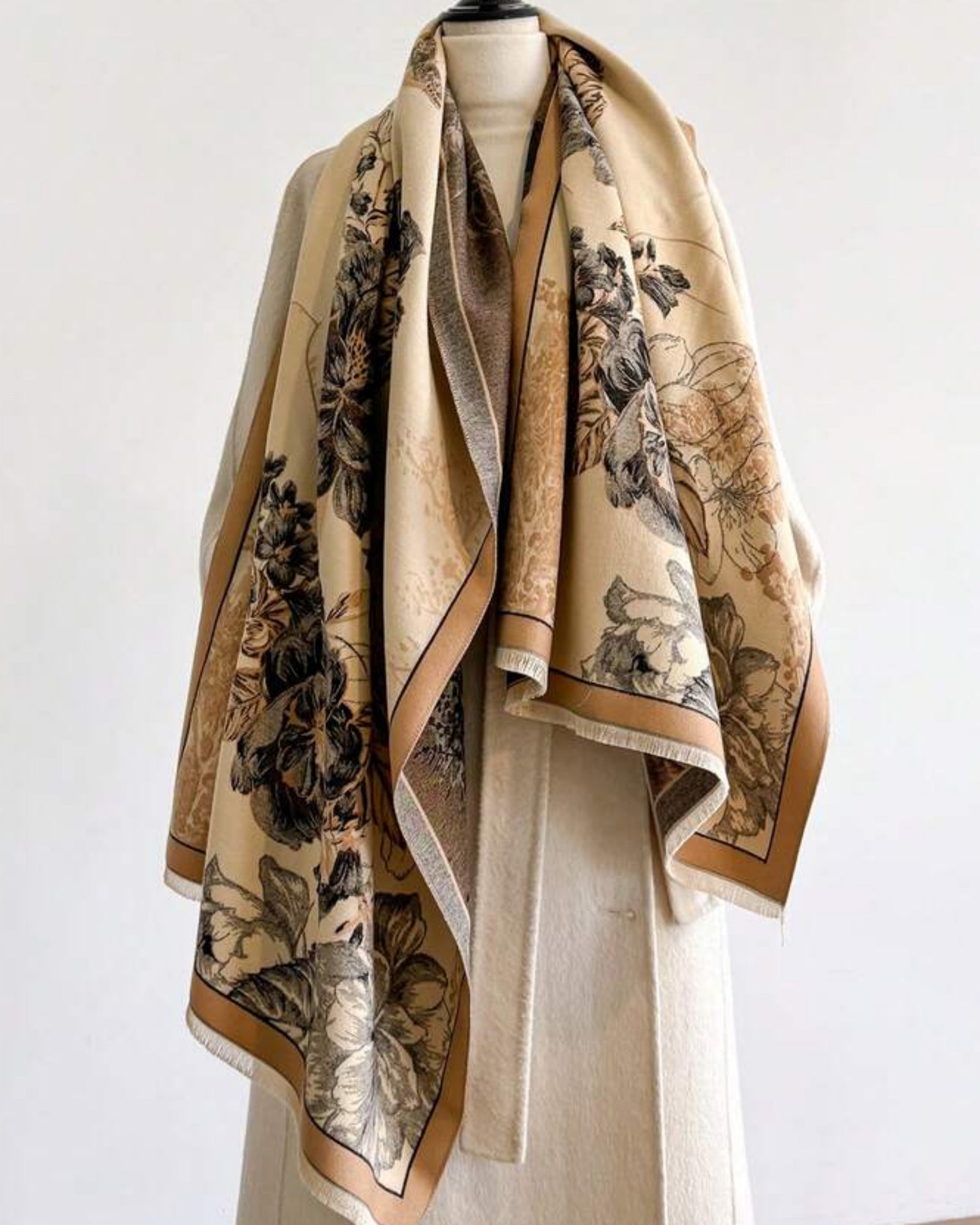 Botanical Bloom Cashmere-Feel Wrap draped and styled showing full vintage botanical floral print on warm neutral beige faux cashmere
