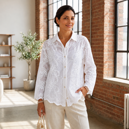 Woman wearing Camellia Bloom Embroidered Linen Shirt in white with floral embroidery detail