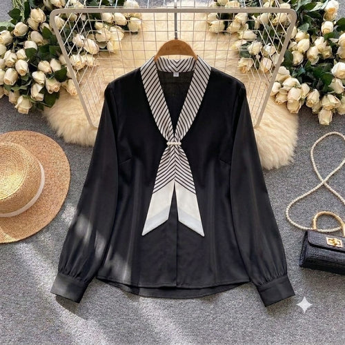 Celine Tie-Neck Chiffon Blouse in black with striped bow collar
