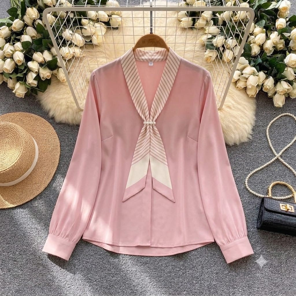 Celine Tie-Neck Chiffon Blouse in blush pink with striped bow collar